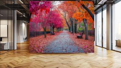 An autumn scene with vibrant red, orange, and yellow leaves on trees lining a peaceful park path, with fallen leaves covering the ground. - Wall mural