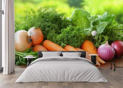 Fresh Vegetables on Wooden Table with Green Background Wall mural