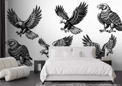 set of flying eagles line style vector design Wall mural