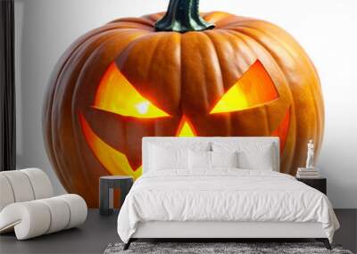 Spooky halloween pumpkin glowing face isolated on white background Wall mural