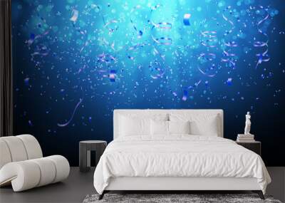 blue celebration background template with drop confetti and blue ribbons on blue ray light Wall mural