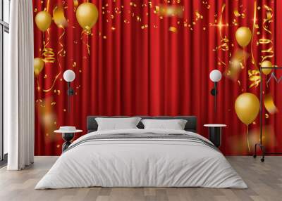 celebration background with falling gold confetti on red curtain Wall mural