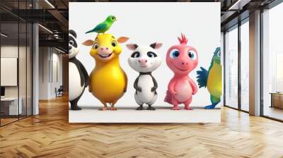 3D adorable cartoon animals: cow, kangaroo, panda, iguana, and bird in vibrant colors, on a white background, lively and fun Wall mural