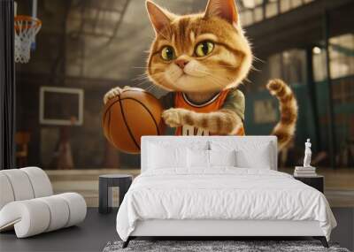 A basketballer cat in a sports jersey, holding a basketball, standing on a court, ready to shoot Wall mural