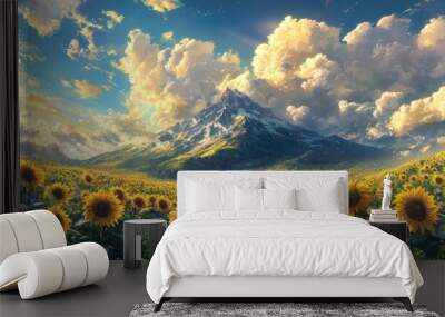 A field of blooming sunflowers beneath a majestic mountain, with vibrant clouds and sunlight illuminating the scene in a beautiful, realistic landscape Wall mural