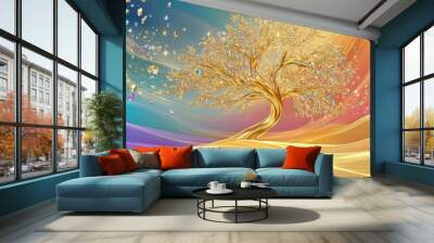 A golden tree with elegant falling ribbons of diamonds and jewelries, set against a colorful futuristic scene, vector art illustration Wall mural