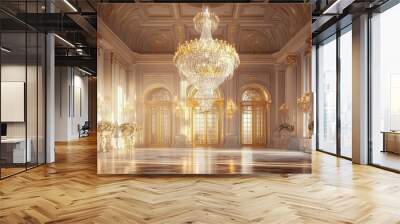 A grand chandelier glowing brightly in a luxurious ballroom, capturing the classic elegance and opulence of the space Wall mural