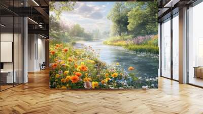 A lush spring river landscape with vibrant, blooming colorful flowers along the riverbank, creating a serene, realistic 3D illustration Wall mural