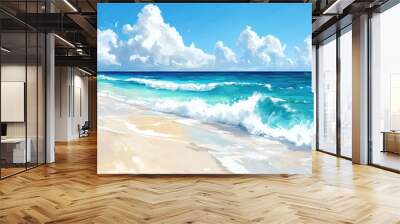 A stunning view of a white sand beach with turquoise waves gently lapping the shore, under a bright and sunny tropical sky Wall mural