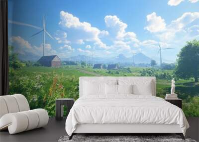 A windmill farm on a sunny day, with turbines spinning and a realistic landscape of lush green fields and bright skies Wall mural