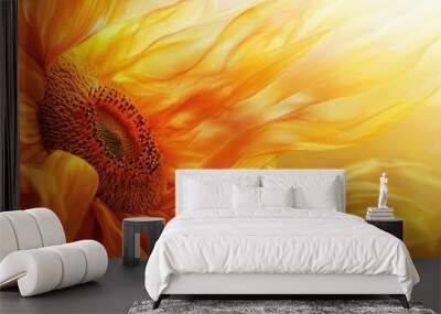 Abstract art of vibrant silk swirling within sunflower petals, set against a radiant sunshine background Wall mural