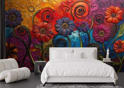 Abstract artwork featuring vibrant embossed flowers and swirling patterns in bold colors, showcasing a dynamic floral painting full of texture Wall mural