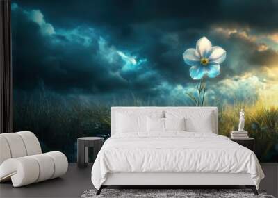 Abstract single flower in a grassy field, with a dynamic futuristic background, representing beauty and resilience Wall mural