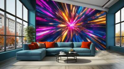 Abstract starburst of neon lights, dynamic lines mimicking the speed of light in the galaxy with blue, pink, yellow, and purple glow Wall mural