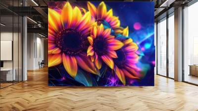 Abstract sunflowers with vibrant neon lines and bright colors, set against a geometric vector background, creating a mesmerizing art style Wall mural