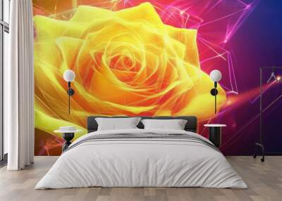 Abstract yellow rose with neon geometric lines and a mix of vibrant colors, creating a captivating vector illustration background Wall mural