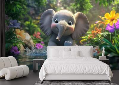 Adorable baby elephant splashing in a pond, surrounded by colorful flowers and plants, 3D children-friendly cartoon animation Wall mural