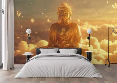 Beautiful floating golden Lord Buddha image above the clouds, set against a stunning futuristic background with glowing elements and a serene atmosphere Wall mural