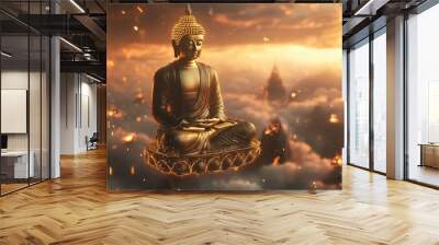 Beautiful floating golden Lord Buddha image set against a breathtaking futuristic background with glowing clouds and luminous details Wall mural