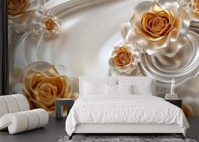 Beautiful golden roses in a circular pattern, highlighted by a dynamic swirling silver-white background for a stunning decorative design Wall mural