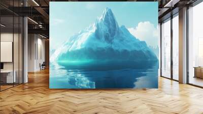 Beautiful iceberg mountain rising from clear, icy waters, with bright blue and white tones, set against a realistic ocean and sky backdrop Wall mural