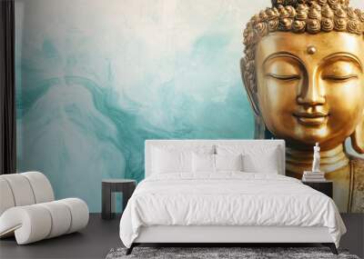 Beautifully ornate golden Buddha statue against a white and light blue backdrop, creating a peaceful and luxurious visual design Wall mural