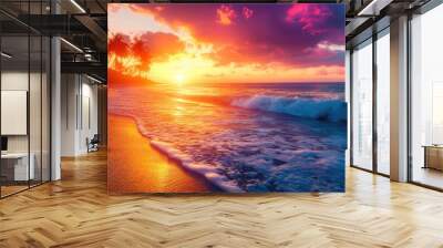 Breathtaking sunset over a tropical beach, featuring palm trees, ocean waves, and a vibrant, colorful sky, perfect for travel and vacation Wall mural