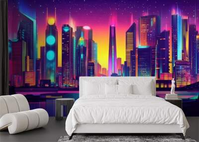 City of the future featuring colorful skyscrapers and a river, detailed in retro-futurism and cyberpunk style with a vibrant vector backdrop Wall mural