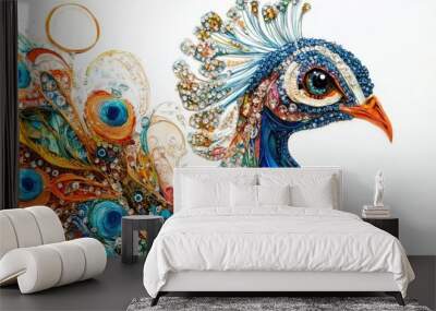 Close-up of a peacock decorated with intricate jewelry and sparkling diamonds, creating an elegant and abstract design on a white background Wall mural