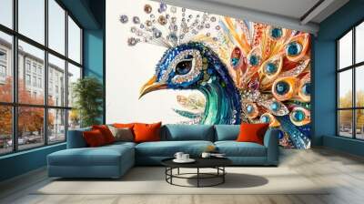 Close-up of a peacock decorated with intricate jewelry and sparkling diamonds, creating an elegant and abstract design on a white background Wall mural