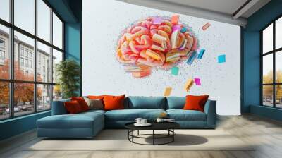 Colorful abstract brain flourishing under the rain of tiny books, symbolizing knowledge and learning, on a clean white background Wall mural