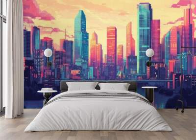 Colorful retro-futurism cityscape with skyscrapers towering over a river, set against a cyberpunk-inspired vector landscape Wall mural