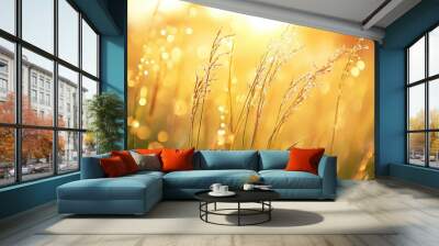 Dew-kissed grasses glowing in the morning sun, creating a beautiful and serene naturistic landscape Wall mural