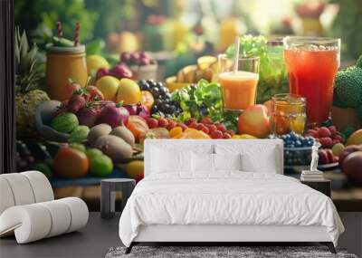 Digital rendering of a table filled with healthy food and drinks, created with realistic computer graphics and vibrant details Wall mural