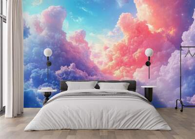 Dreamlike, colorful land in heaven, surrounded by a white-blue cloud background, vibrant and otherworldly Wall mural