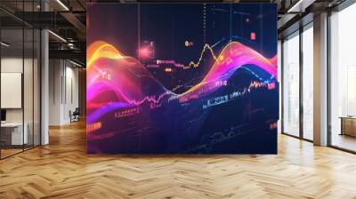 Dynamic glowing waves and transparent lines over a colorful graph showing business profits, set on a dark background Wall mural