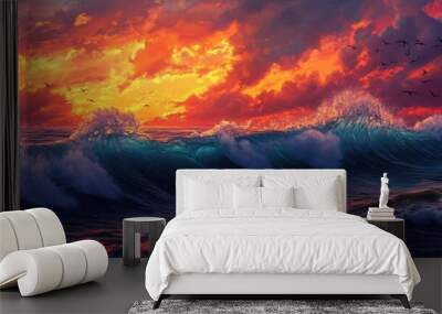 Dynamic ocean wave crashing with turbulent water, colorful sunset sky in vivid reds and blues, birds in flight Wall mural