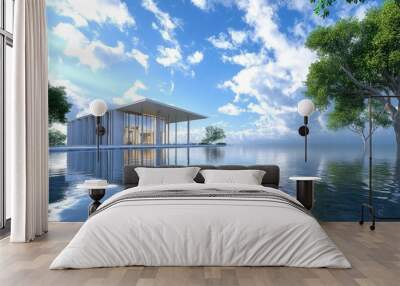 Elegant building reflecting on a serene body of water, with a peaceful, realistic background of nature and blue skies Wall mural