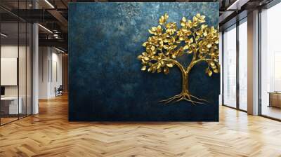 Elegant golden tree with delicate branches and leaves, set against a dark light-blue backdrop in a luxurious and artistic composition Wall mural