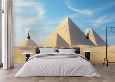 Elegant sand pyramids perfectly shaped, set against a realistic background of rolling dunes and a bright blue sky Wall mural