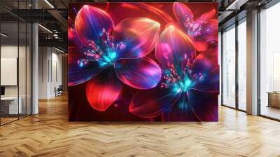 Energetic neon flowers with glowing pink, purple, and blue hues on a dark red background, exuding powerful energy for concentration Wall mural