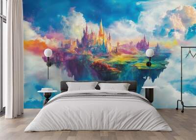 Ethereal, colorful land in a human dream, floating in heaven with a white-blue cloud backdrop, vibrant and peaceful Wall mural