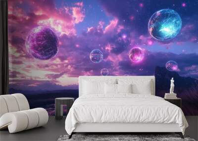 Ethereal geometric spheres radiating colored lights, flowing in the sky with a dreamlike quality, set in a surreal landscape Wall mural