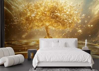 Flowing money ribbons from a beautiful gold tree, set against a dynamic and futuristic background, symbolizing wealth and abundance Wall mural