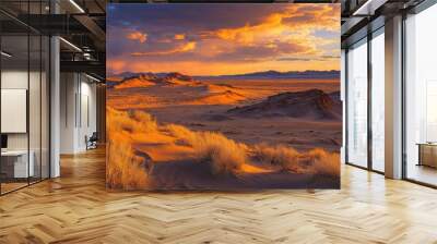 Golden sunset casting a warm glow over towering desert dunes, creating a captivating and surreal desert landscape Wall mural