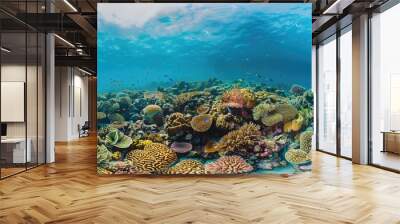 Healthy coral reef teeming with colorful marine life in clear waters Wall mural