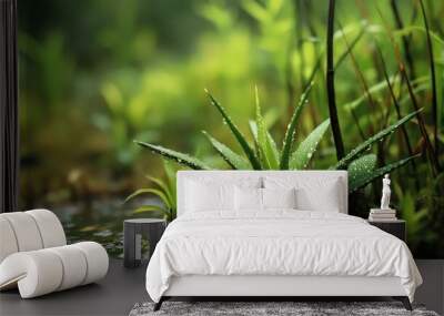 Intricate close-up of tiny plants like aloe vera and bamboo on a nature trail in a bog, captured with a highly realistic background Wall mural