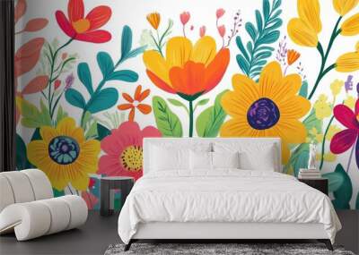 Lush flat floral design with intricate, vivid flowers in bright colors, creating a vibrant illustration on a white background Wall mural