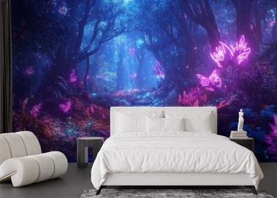 Neon lights glowing in a mystical forest, casting a fairy tale-like glow across a dynamic dreamlike landscape of enchanted trees and foliage Wall mural