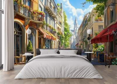 Picturesque street in a vibrant city with historic buildings, cafes, and pedestrians, captured with a realistic background Wall mural